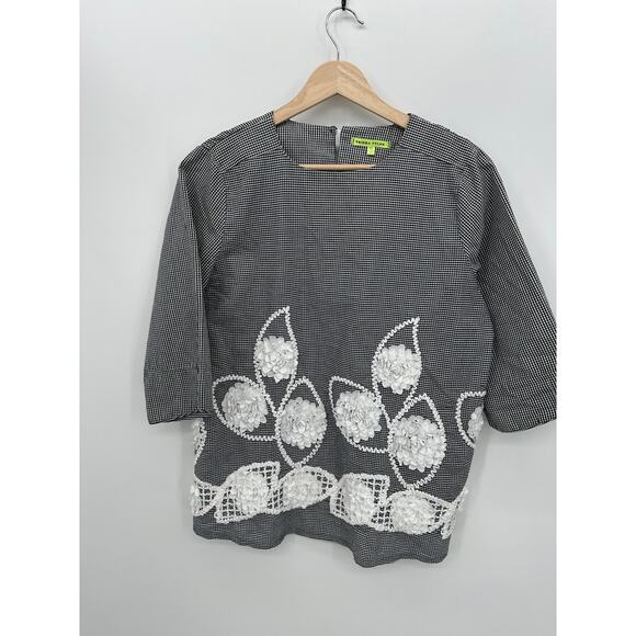 Trisha Tyler Top Womens PM Gingham Print Artsy Textured Floral Boxy 1/2 Sleeve - Picture 1 of 7